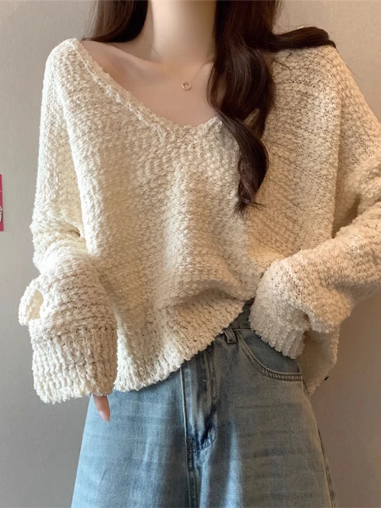 Short V-Neck Knitted Base Shirt Women's Spring Autumn Loose Lazy Style Dongguan Daliang Sweater Show Clavicle Top Sweet Style