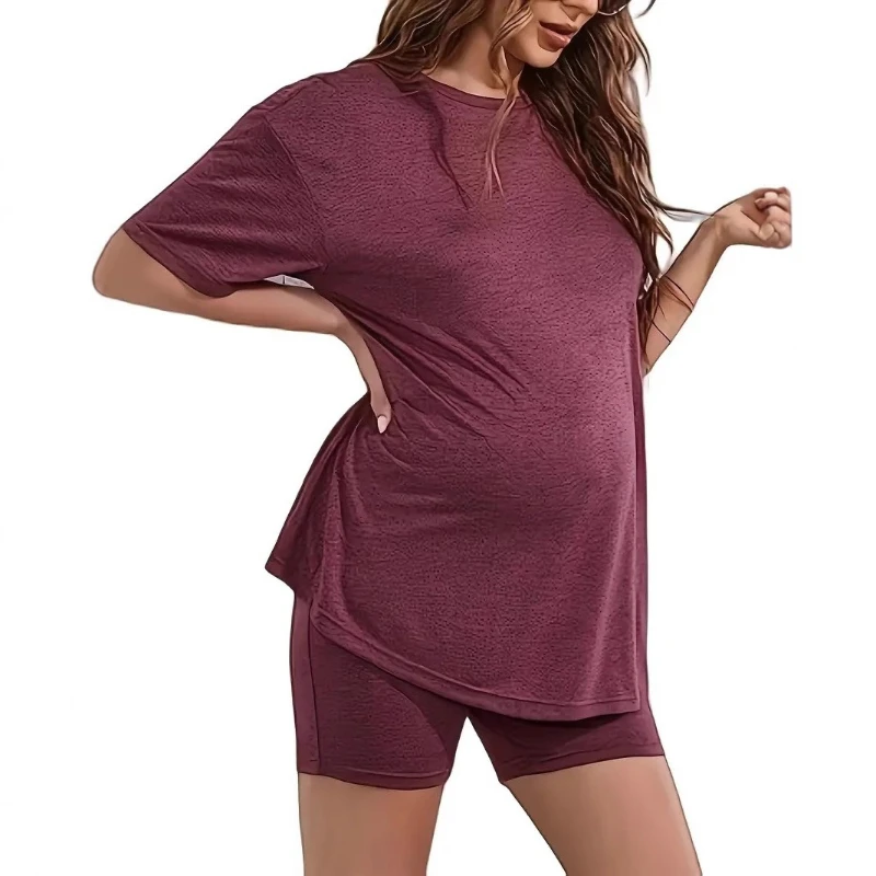 2026 New Women's Casual Solid Color Short Sleeved Shorts Elastic Maternity Set
