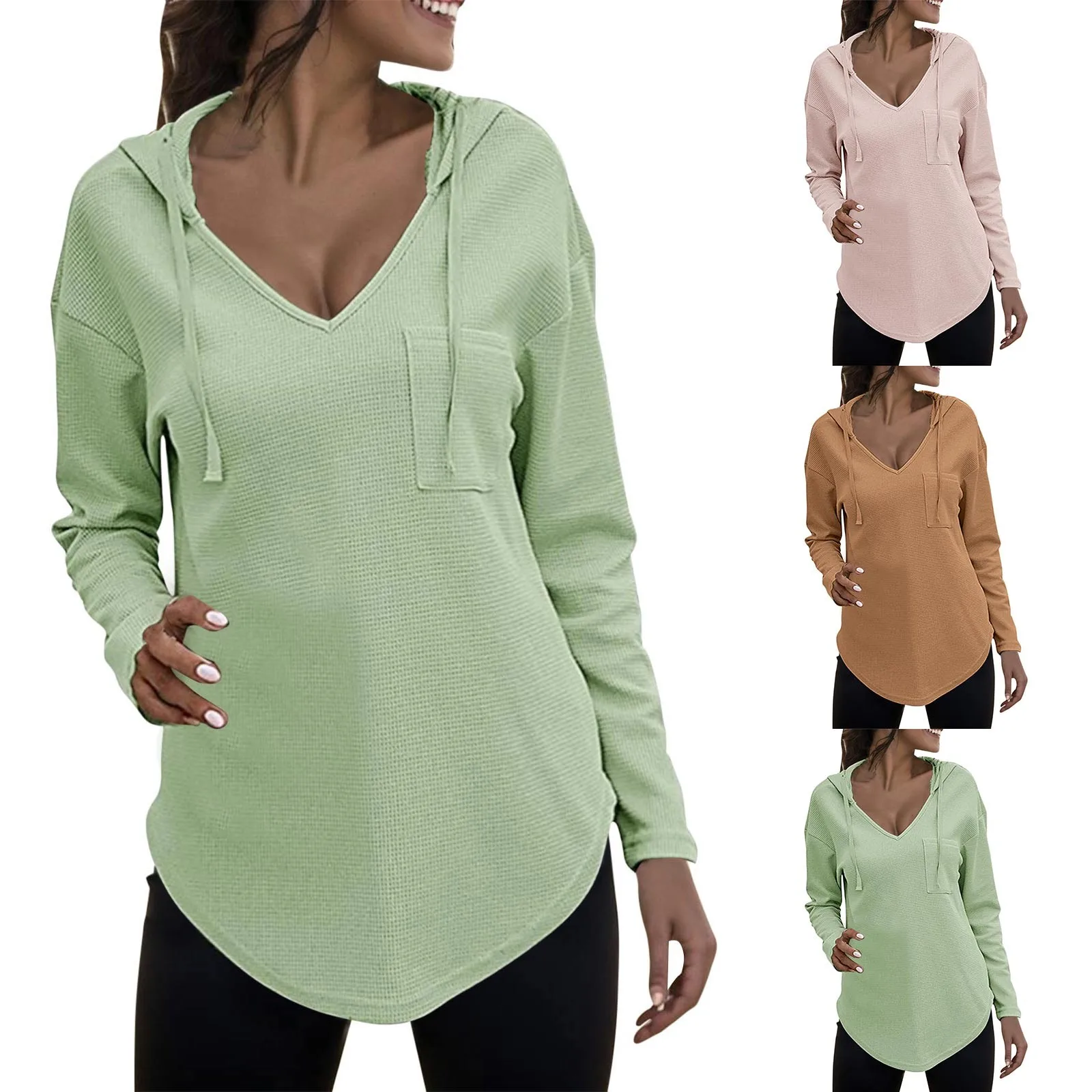 

V Neck Hoodie For Women'S Waffle Knitted Hoodies Long Sleeve Sweatshirt Drawstring Pullover Tops Oversize Blouse Tops Loose Fit