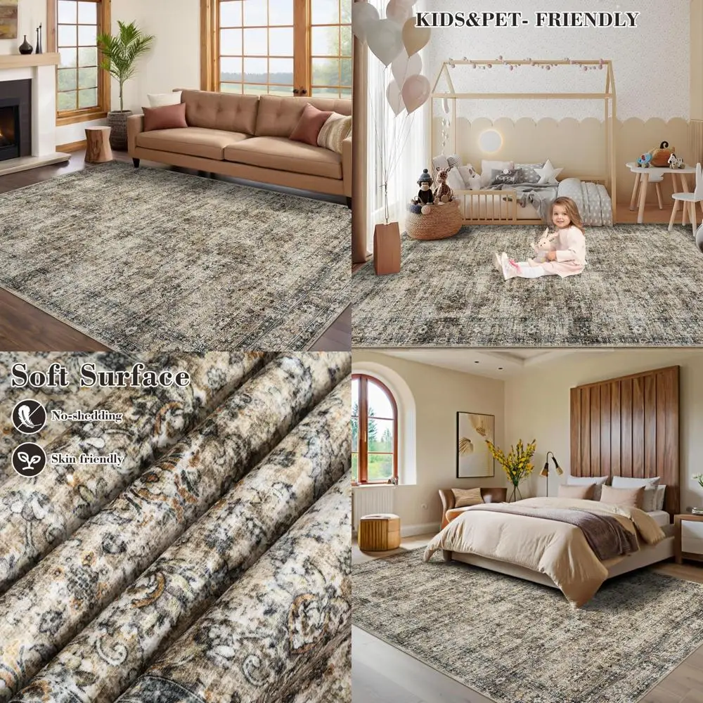 

Extra Large 10x13 Washable Bedroom Rug, Non-Slip Foldable Vintage Floral Print, Ultra Soft Thin Throw Rug for Comfortable Living