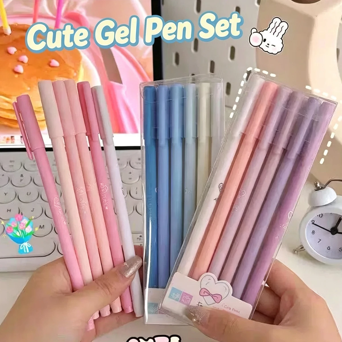 Cute Macaron Gel Pen Set, 0.5mm Fine Point Black Ink Aesthetic Writing Pens, Smooth Rollerball Stationery for Student Note Takin