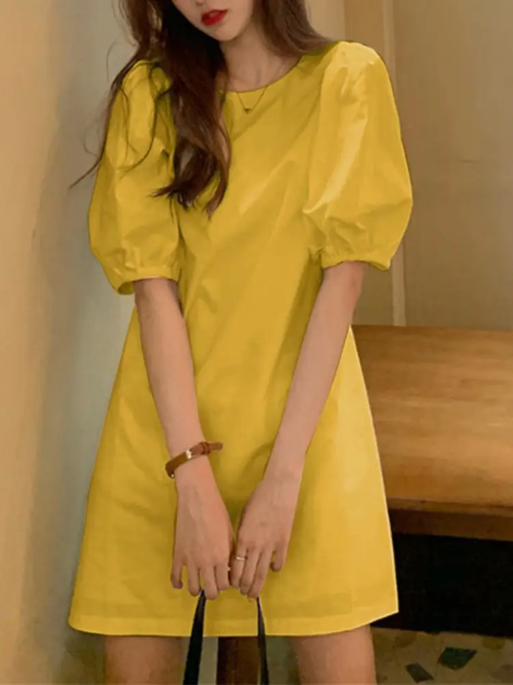 VONDA-minivestido de fiesta de verano para mujer, elegante vestido corto con mangas abullonadas, informal, liso, con cuello redondo, holgado y plisado, para vacaciones, 2024