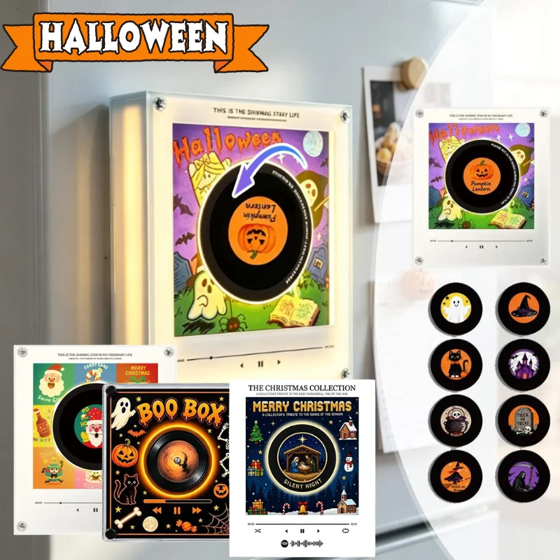 Retro Vinyl Record Fridge Magnets Halloween Christmas Changeable Design Refrigerator Magnetic Stickers Home Party Decor Gift