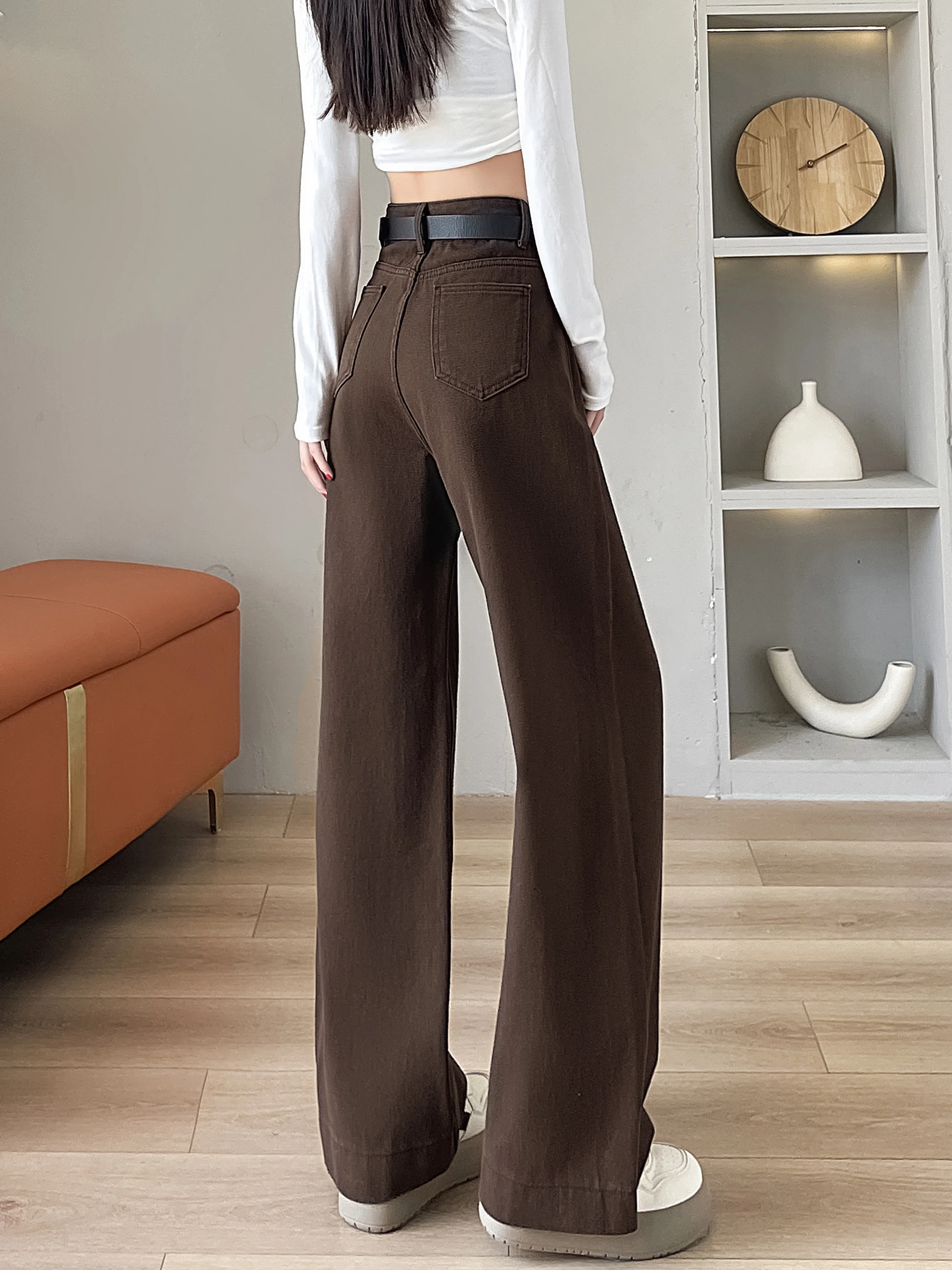 Hohe Taille Thiened Fce Gefüttert Kaffee Farbe Denim Hosen frauen Winter Neue Sle Lose Bodenlangen Breite Bein Hosen