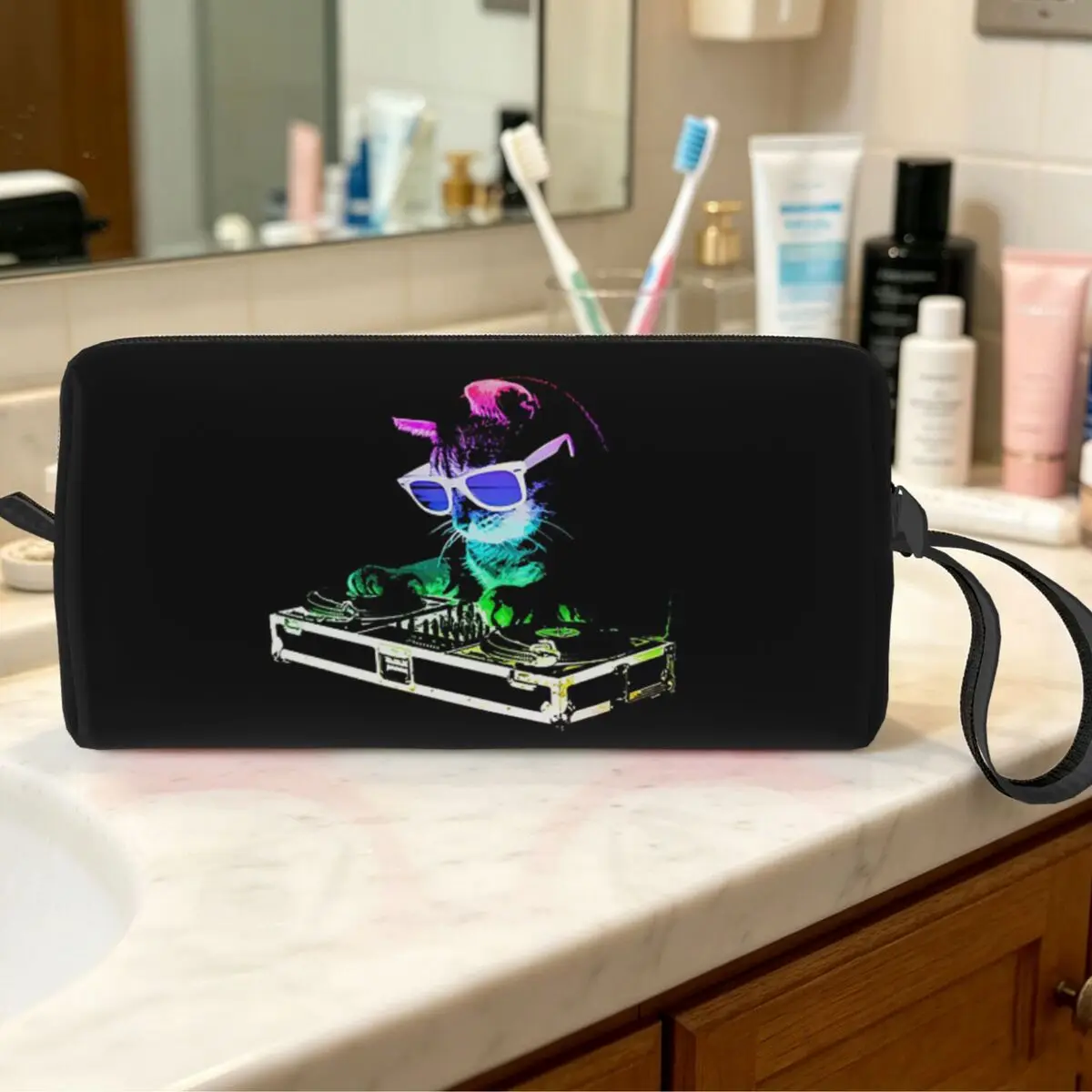 House Cat Rainbow Dj Kitty Makeup Bag Cosmetic Organizer Toiletry Cosmetic Bag for Women Beauty Travel Pencil Case