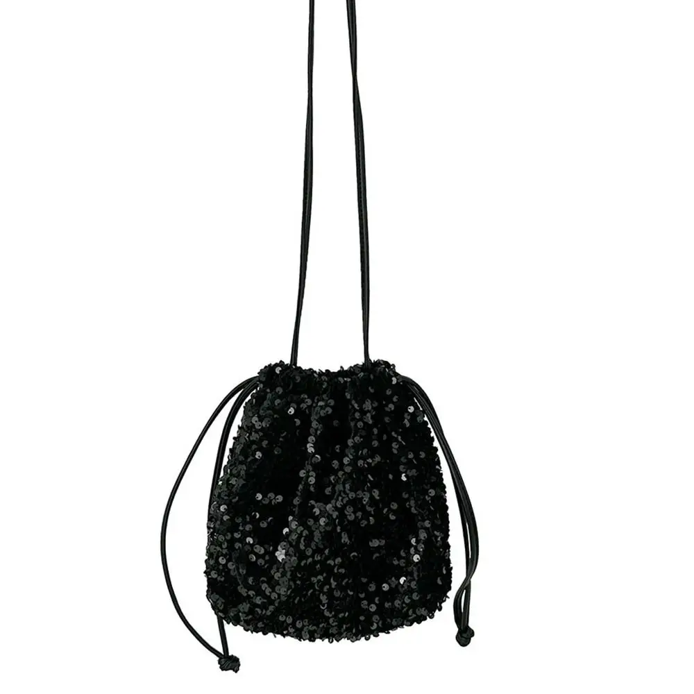 Bolso de hombro con lentejuelas plegables, bolsa de cubo con cordón plateado portátil, bolso de mano pequeño, bolso cruzado de tela para niñas