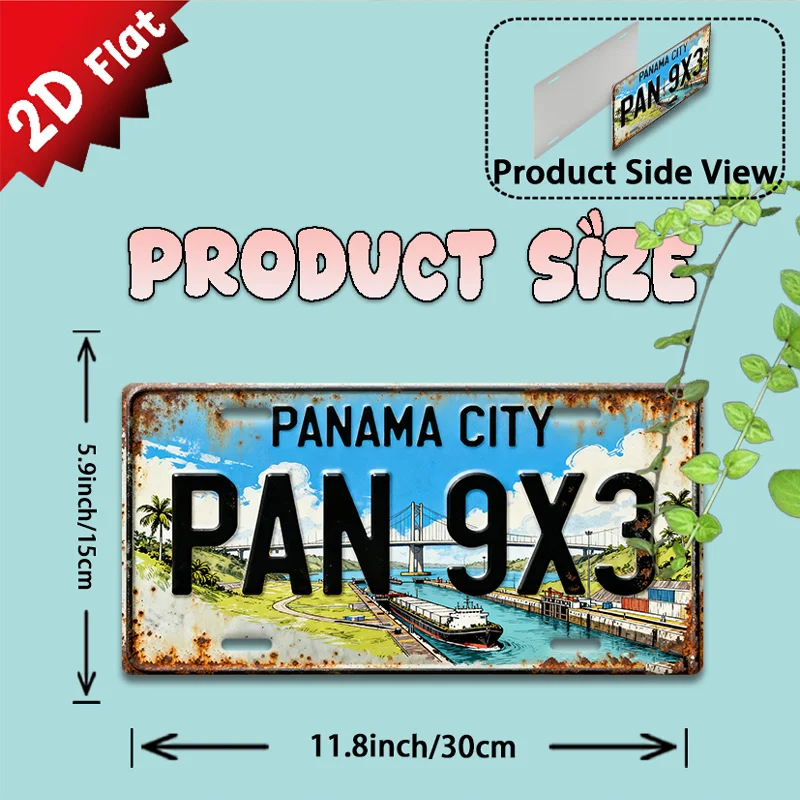 2D Flat,1pc Vintage Metal Sign, Decorative Only, Outdoor Plaque & Wall Decor PAN 9X3 Metal Sign with Panama City Landmark
