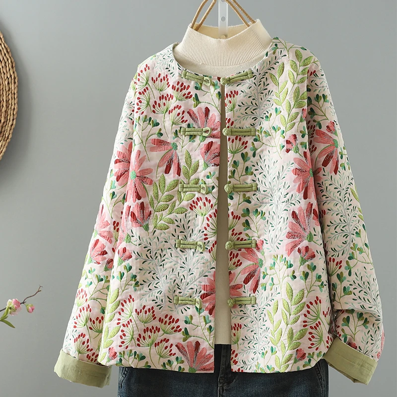 

Floral Embroidery ort irt Chinese Sle Women's Casual Loose Outerwear Button up Cardigan Traditional Ethnic Fem Top