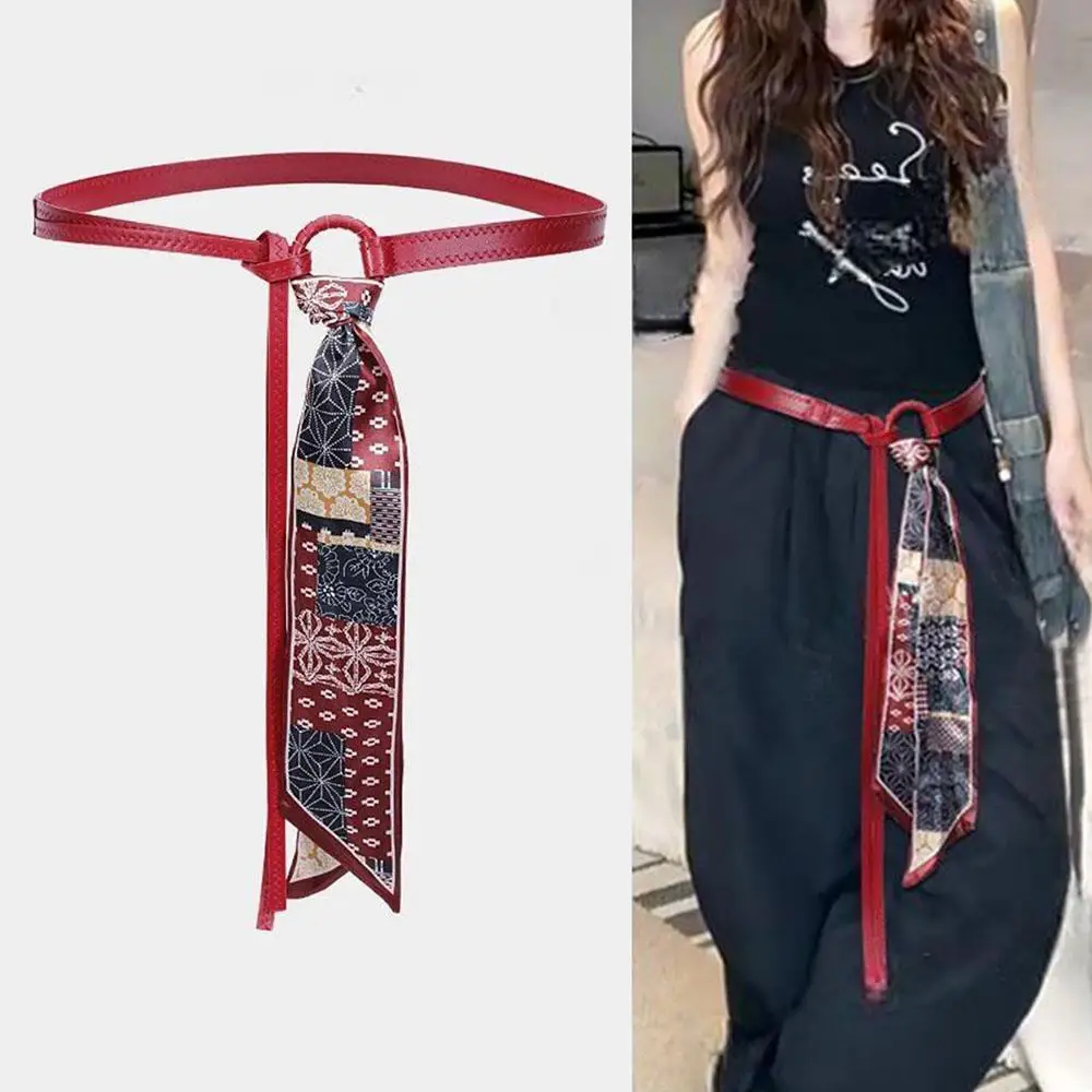 

Punk Style Silk Scarf Belt Leather Belt Bandana Scarf Waist Chain Woman Vintage Decorative Hip Hop Thin Belt Paired With Skirt