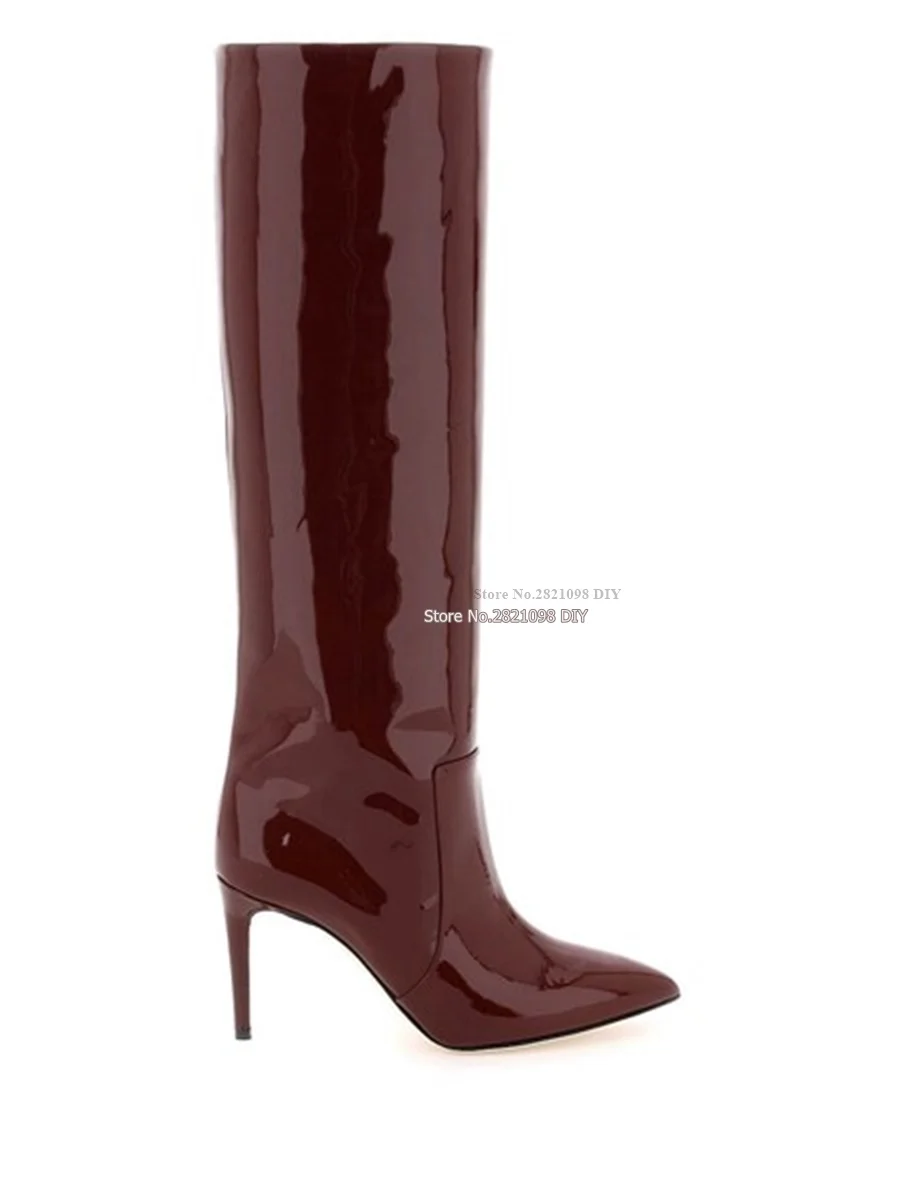 

Stiletto Boots Dark Red Patent Finish Pointed Toe Knee Length Pointed Toe Women's Knee High Boots Gladiator Heels Long Boot