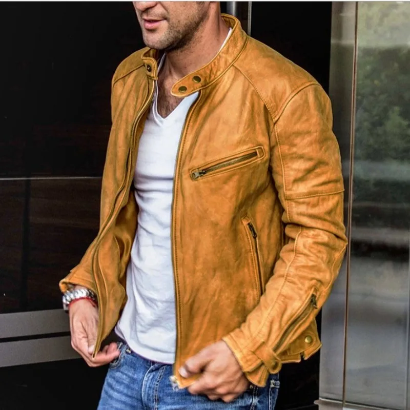 KIDWXHR Leather Jacket Man Autumn Motorcycle Punk Stand Collar Men Coat Simple Solid Slim Long Sleeve Male Casual Outerwear