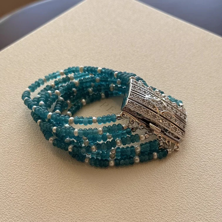 

Multi-Layer Blue Jade With Pearl Bracelet CZ Paved Clasp Handmade For Women