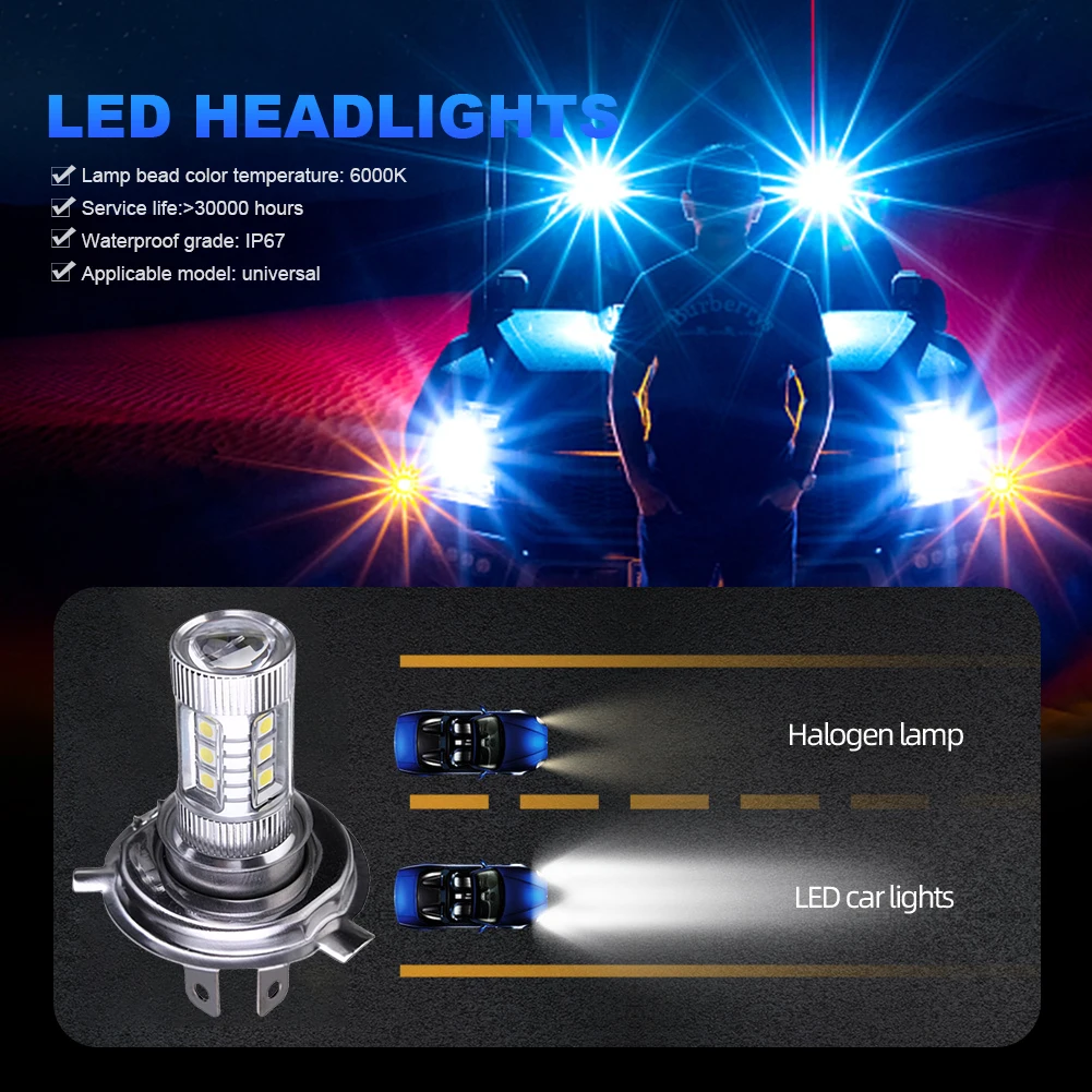 H4 Super White LED Headlight Bulb 6000-6500K High Low Beam Car Fog Light Bulb IP67 Waterproof Auto Headlight 80W 12V