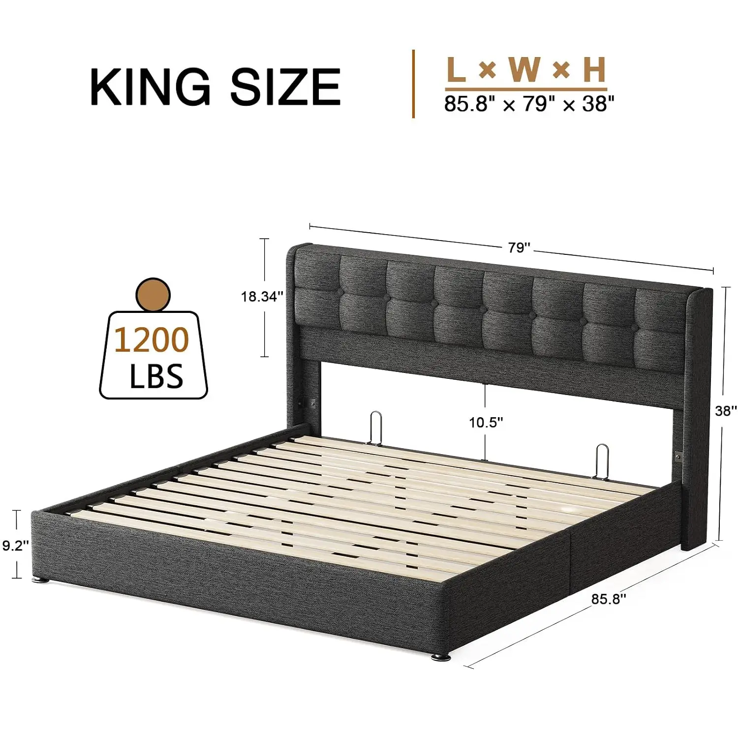King Size Lift Up Bed Frame with Storage, Wingback Headboard | Gas Lift Storage, Wood Slats, Upholstered Wingback, Customized