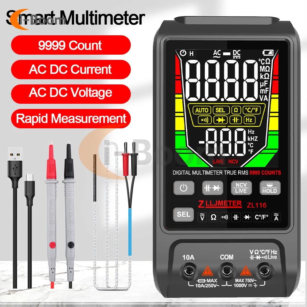 

ZL116 Smart Multimetro Voltage Tester Current Capacitance Ohm NCV Temp Hz Auto Range Electrical Instrument USB Charge