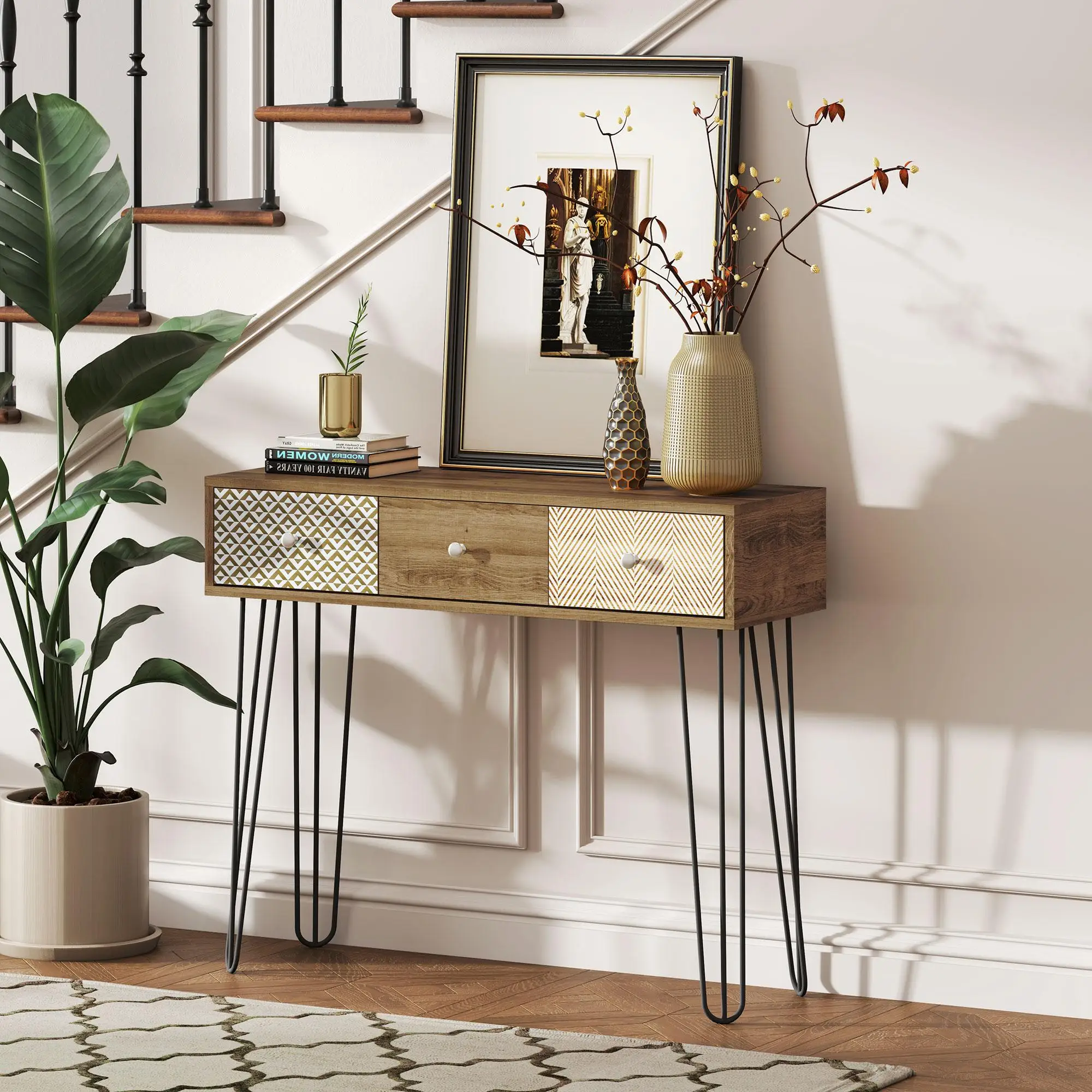 Mesa consola HOMCOM con 3 cajones, patas de acero tipo hairpin, 90x30x75cm Marrón