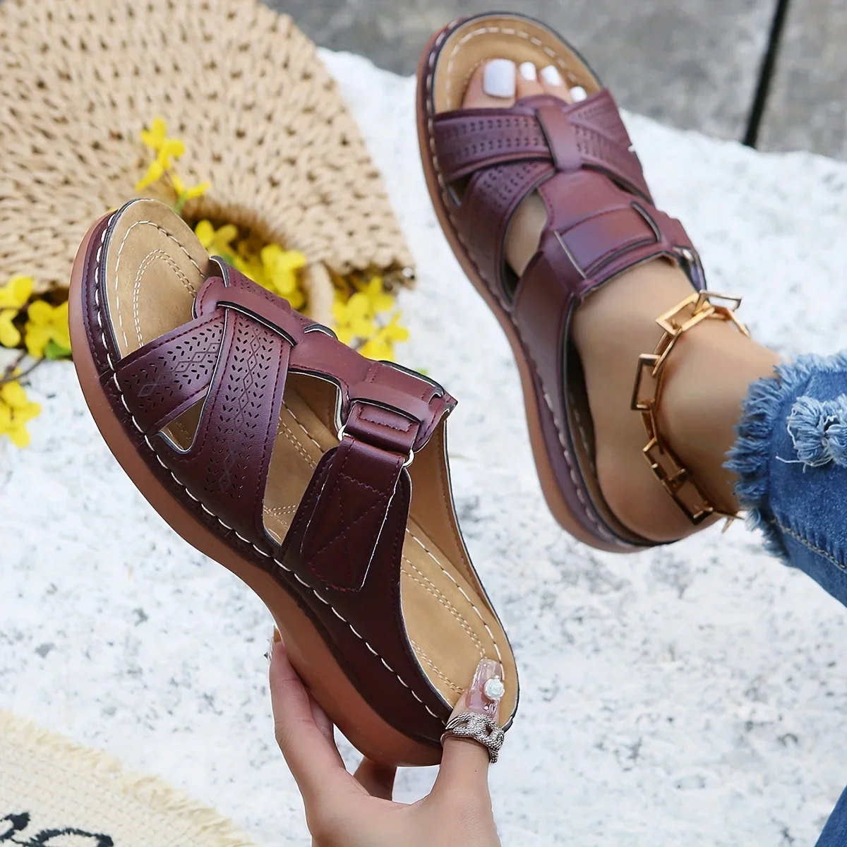 2026 Sommer Damen Keilsandalen Premium Orthopädische Offene Zehen Sandalen Vintage Rutschfeste Leder Freizeitschuhe Damen Plateau Retro Schuhe – Detail 18