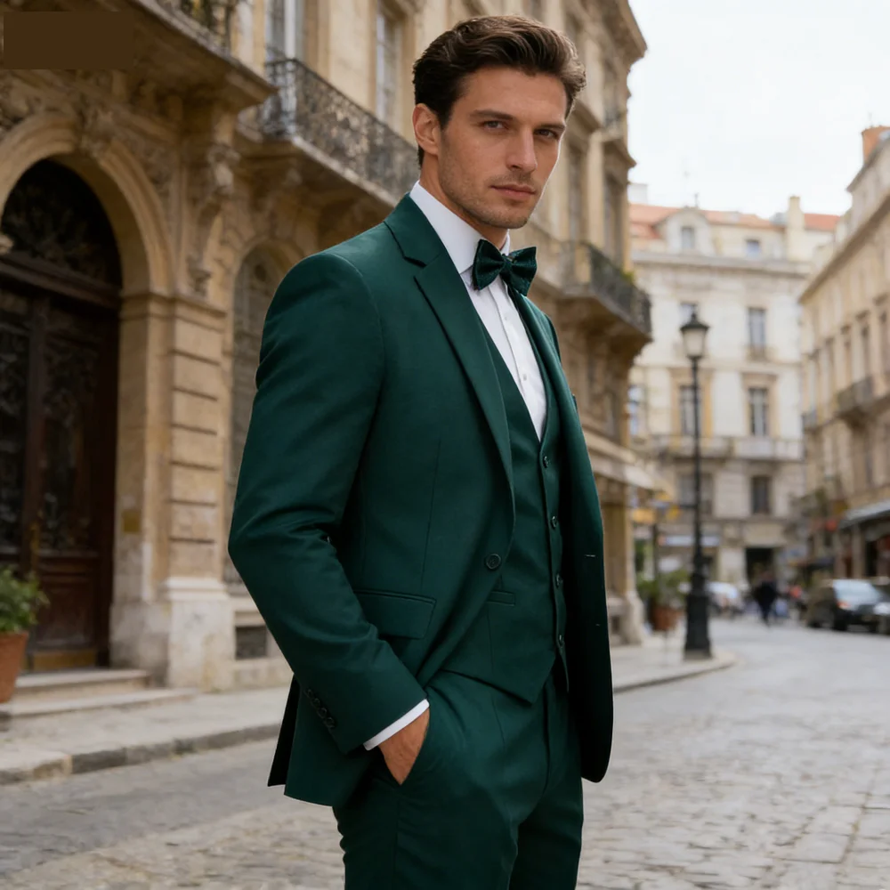 

Emerald Green Slim Fit 3-Piece Men's Suit Set - High-Quality Male Formal Party Clothing with Jacket Vest Pants