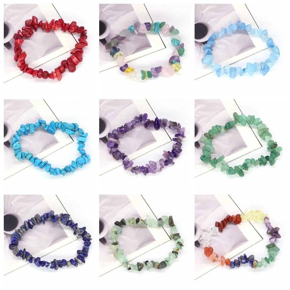 Natural Reiki Crystal Bracelet Irregular Stone Chip Quartz Beads Jewelry Amethyst Aquamarine Gems Wristband Bangle For Women Man