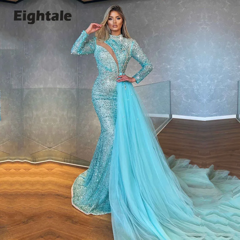 Eightale Arabic Evening Dresses Long Sleeves Sparky Formal Prom Gown Sky Blue Dubai Party Dress vestidos de fiesta