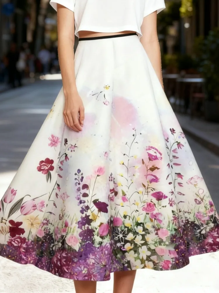 Lemongor Women's Floral Printed Elastic High Waisted Midi Skirts 2026 New Spring Loose Elegant Party Evening A-Line Skirt