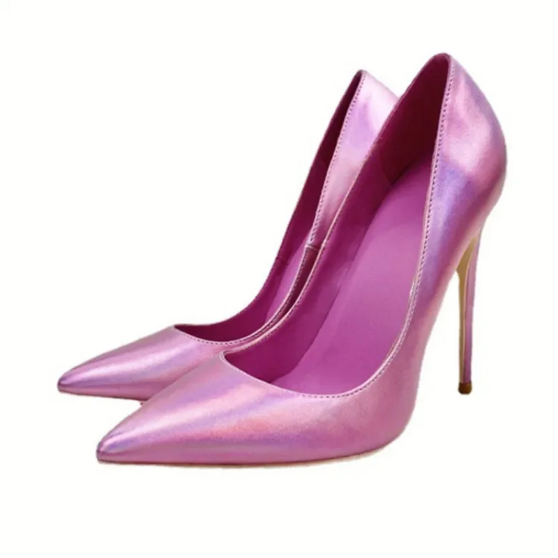 

Pink Metallic Leather Woman High Heel Shoes Pointed Toe Shallow Stiletto High Heels Pumps Slip-on Polished Leather Runway Shoes