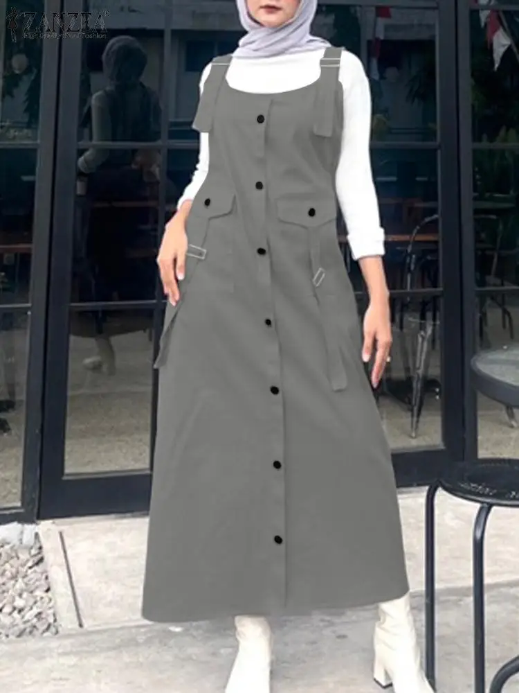 

ZANZEA Elegant Muslim Dress Women Summer Sundress Fashion Sleeveless Strap Vestidos Buttons Down Work Holiday Robes Oversize
