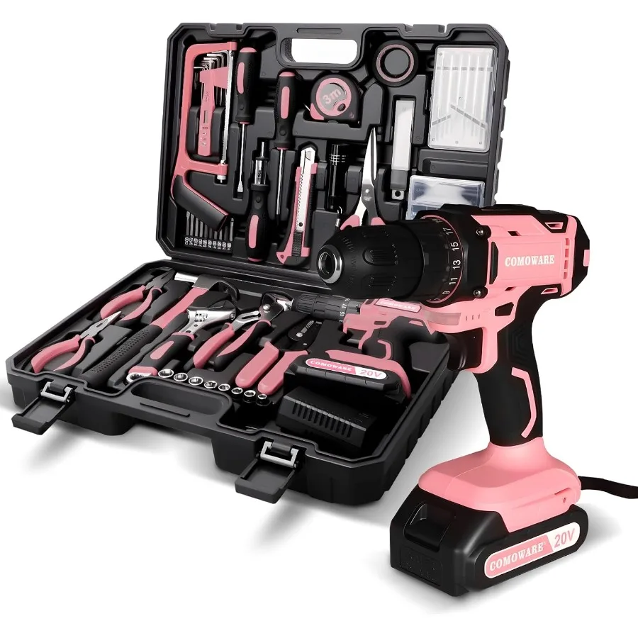 

Pink 20V Cordless Drill Driver 120Pcs Hand Tool Kit with Plastic Toolbox for Women Ideal for Office Garden DIY Projects Compact