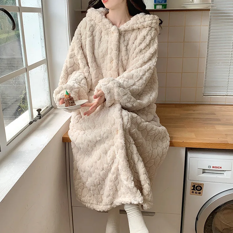 

Coral Fleece Nightgown Fleece-Lined Thickened Pajamas Winter Long Flannel Hooded Apricot Big Pocket Loose Women's Clothing