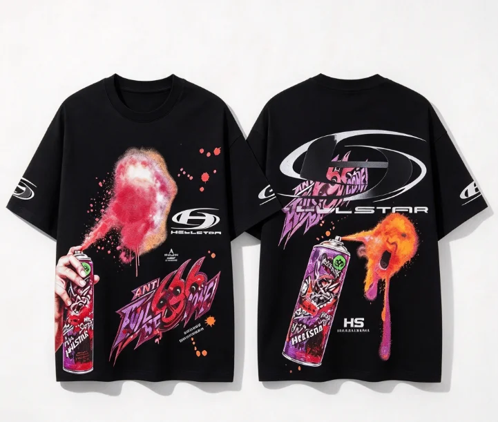 2026 new Short sleeve tee with graffiti spray art prints on front and back, American punk street style, unisex, loose street fit