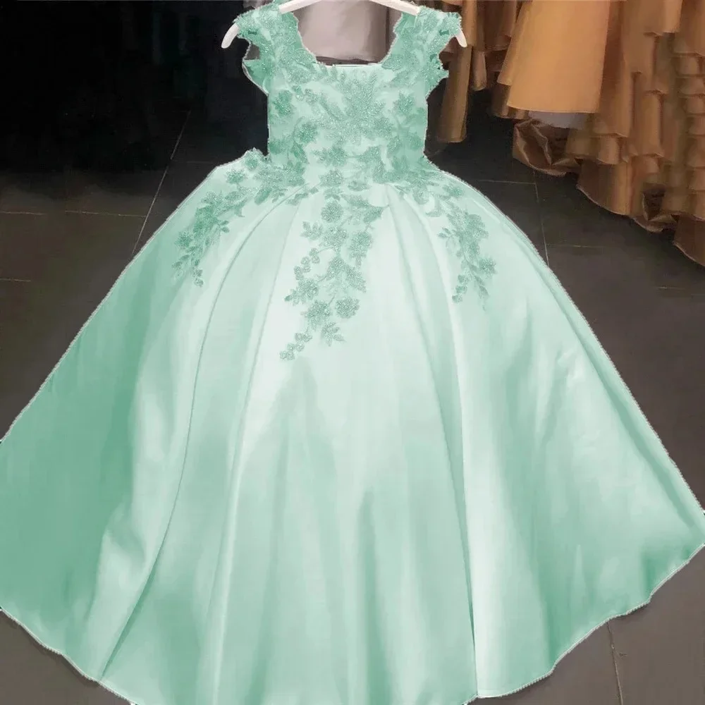 Индивидуальные платья цвета слоновой кости для девочек с аппликациями из атласа и бисера, роскошное платье для свадьбы Quinceanera, детское выпускное платье для первого причастия