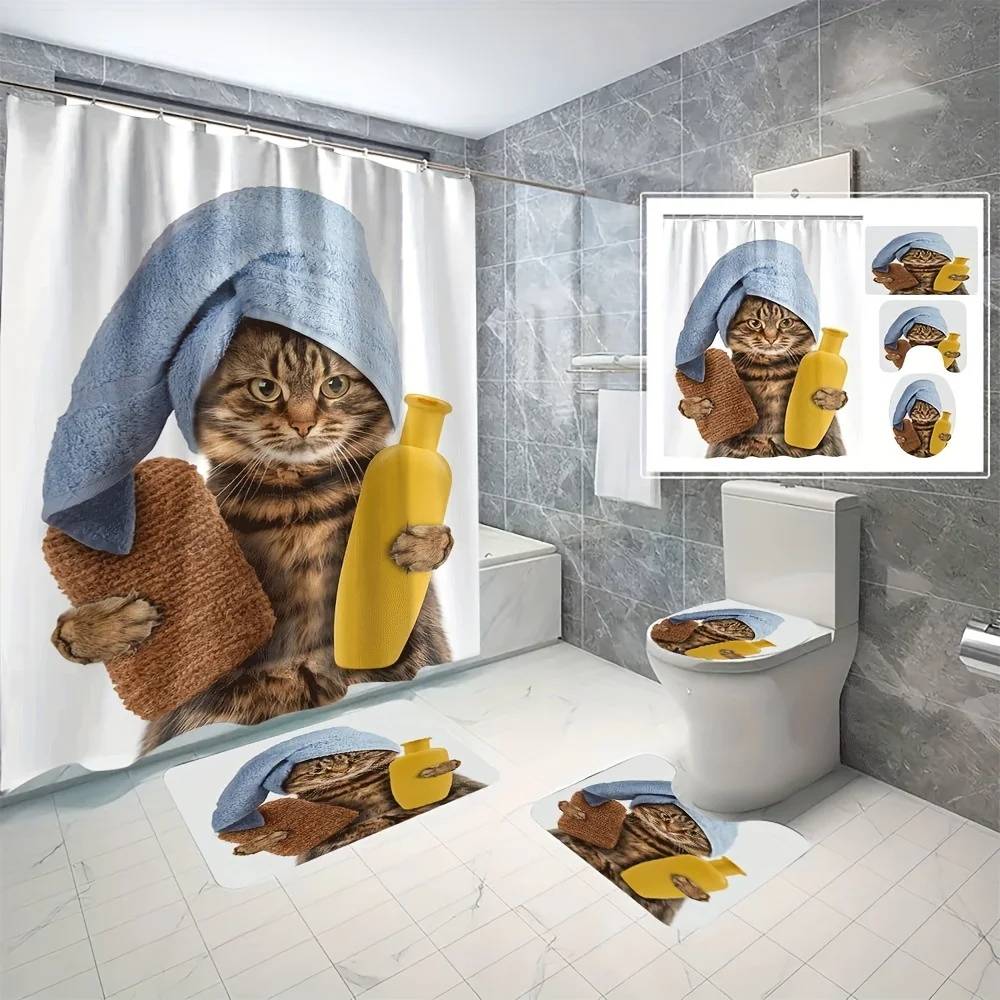 

4pcs Bathing Cat Digital Printed Polyester Waterproof and Mold proof Shower Curtain with No Punching, Partition, Bathroom and Ba