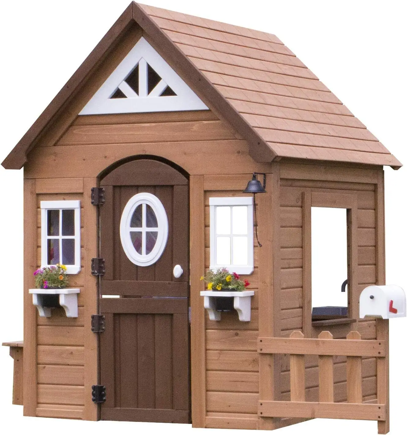 Backyard Discovery Aspen Cedar Casa de juegos de madera para niños Cottage con cocina, snack bar, banco de picnic, campana para cena, buzón, holandés