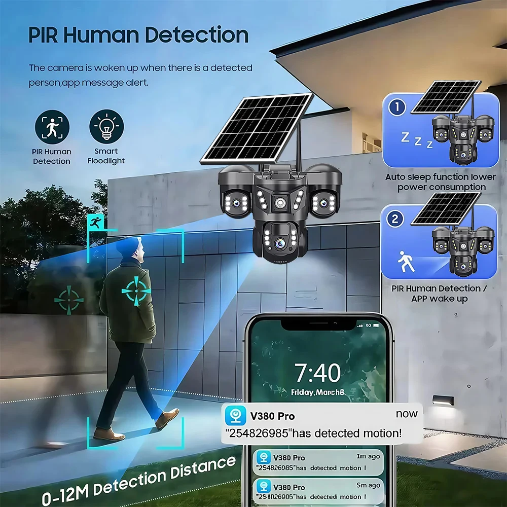 Telecamera solare 4G a 3 obiettivi Tri-lente Protezione di sicurezza Telecamere CCTV Video sorveglianza domestica intelligente esterna Visione notturna HD 15MP 8K