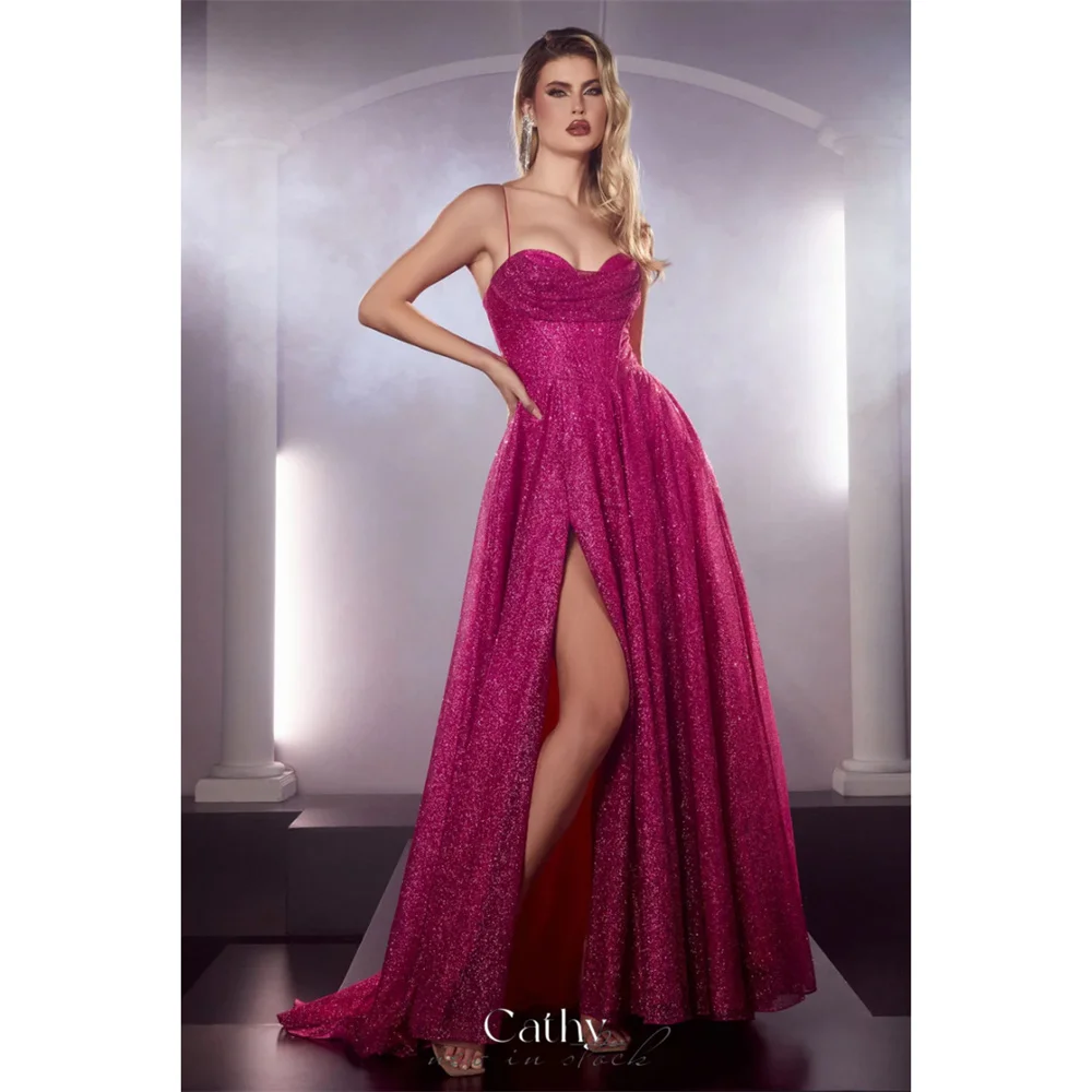 

Cathy Fuchsia Glitter Prom Dresses Spaghetti Strap A-line vestidos de noche Elegant Sleeveless Side Split Side Formal Evening