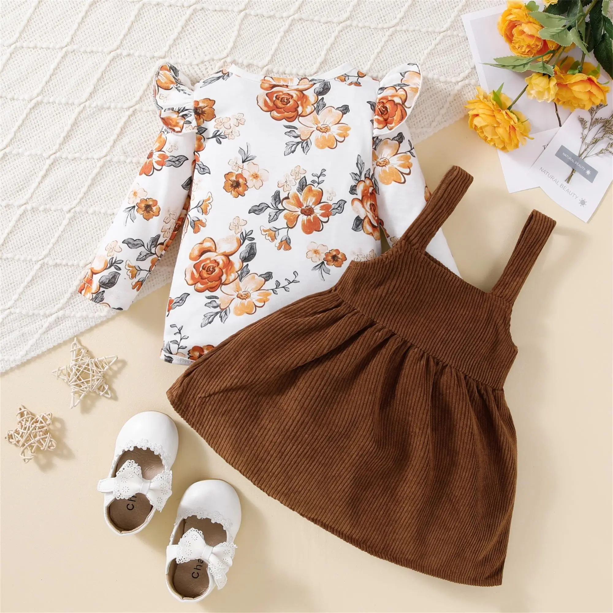 2024 New Spring and Autumn Children\'s Flower Long sleeved jumpsuit with corduroy suspender two-piece casual party clothing set