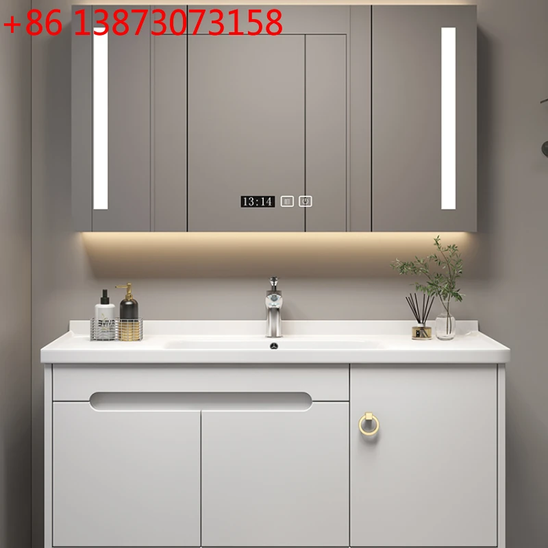 Kit de Baño Compacto con Espejos, Mueble de Almacenamiento, Lavabo, Estante de Pared, Armario de Cocina de MDF, Lavabo Doble con Espejo