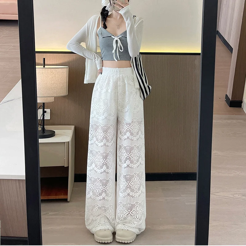 Korean Style Air-conditioned Pants Women Hollowed Out Lace Carving Casual Pants Summer New Versatile Straight Wide Leg Pants