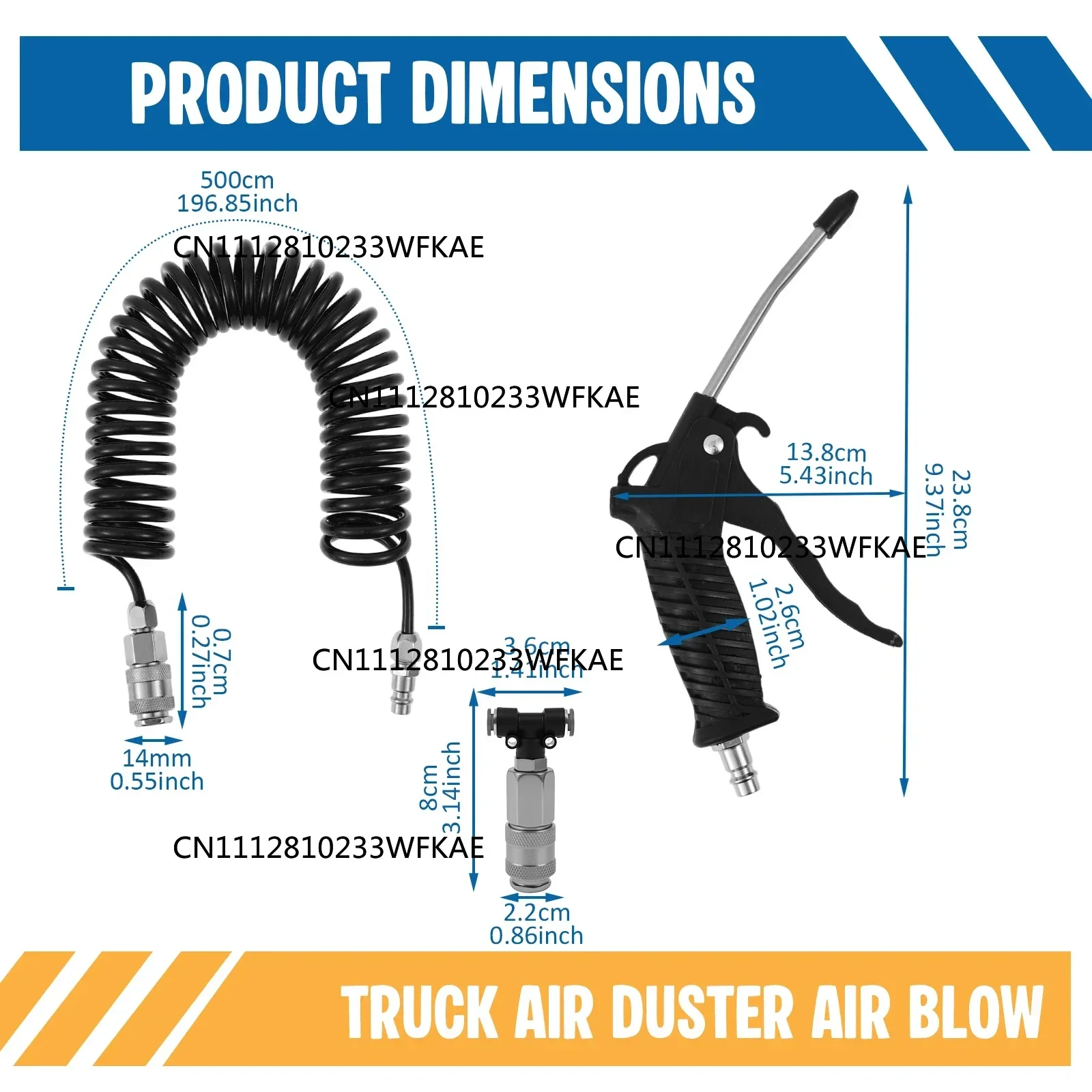 Air Blow Gun kit with 16ft Long 8mm OD Coil PU Air Hose Air Duster Blow Gun with T Piece Quick Coupling for Truck Car Boat