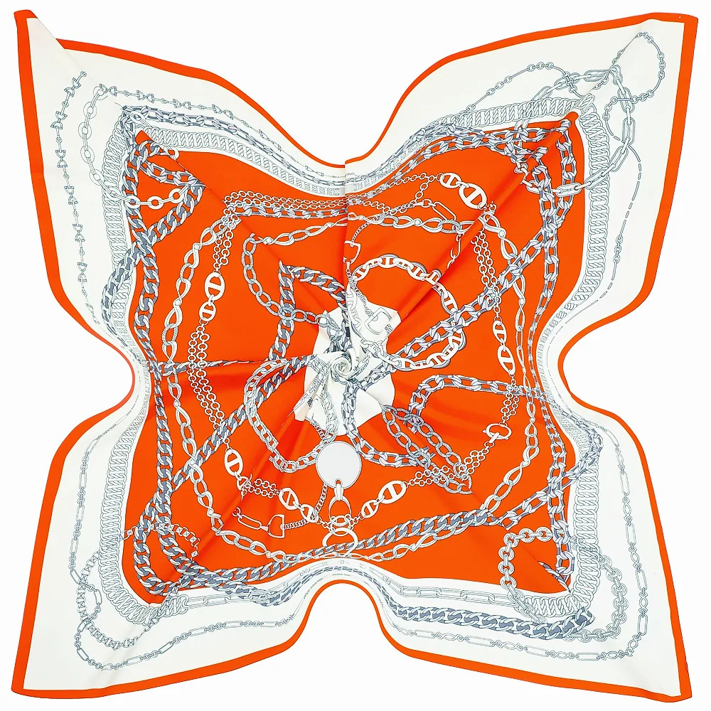 130*130cm Kettendruck Luxus Damen Seidenschal, Designer Marken Stola, quadratische Schals, Wraps, Bandana, Kopftuch, Hijab – Detail 2