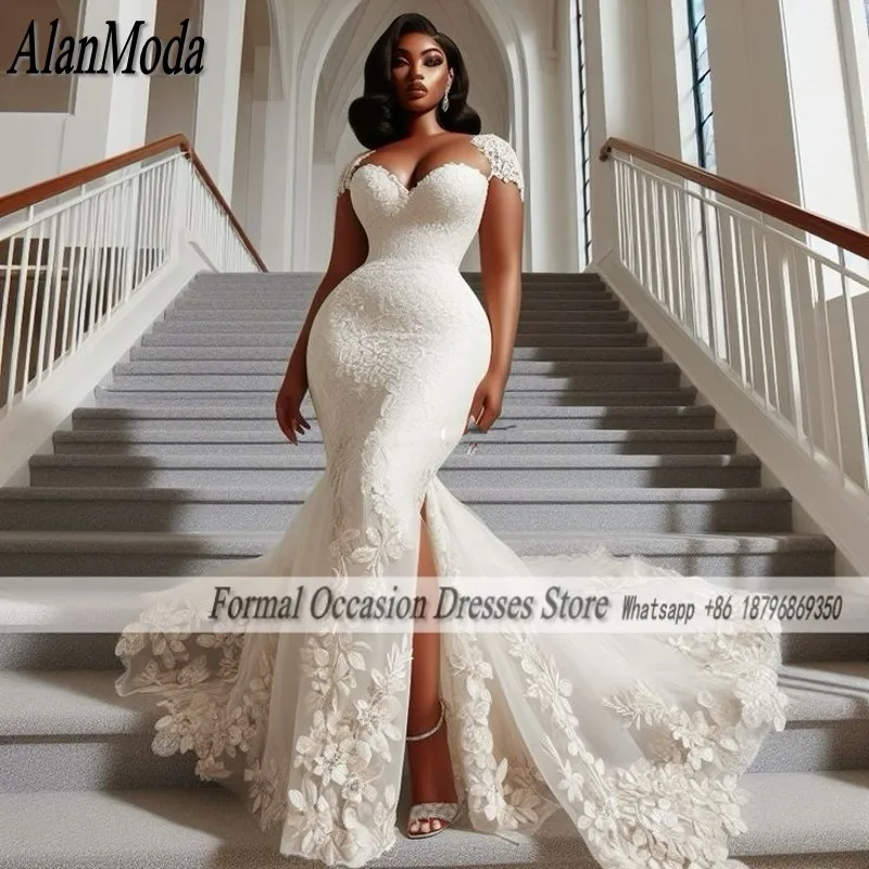 

Elegant Lace Mermaid Wedding Dresses Luxury 2025 Cap Sleeves African Bride Bridal Gowns Split vestido de noiva Customized