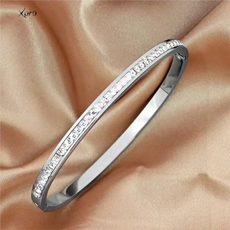 Xpro Ins Style Stainless Steel Bracelet Jewelry Inlaid Cubic Zircon Bracelet Bangles for Women Waterproof Trendy Christmas Gift