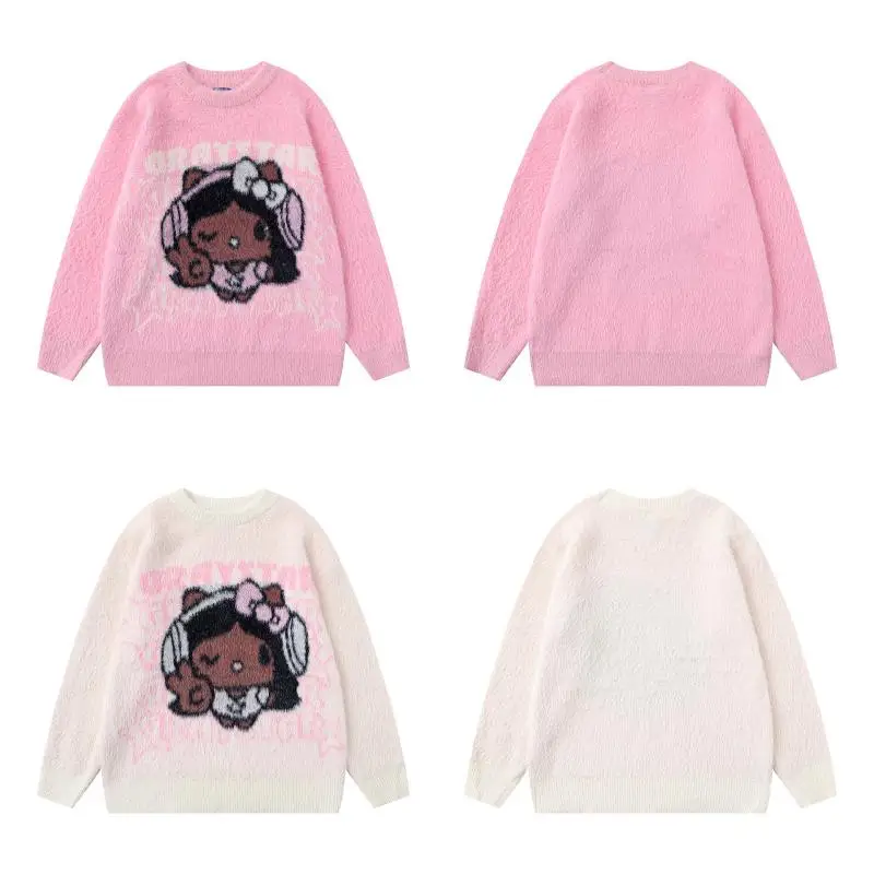 Hot Sanrio Men and Women Retro Style Round Neck Sweater Kawaii Hello Kitty Comic Autumn and Winter Fashion Versatile Sweater New