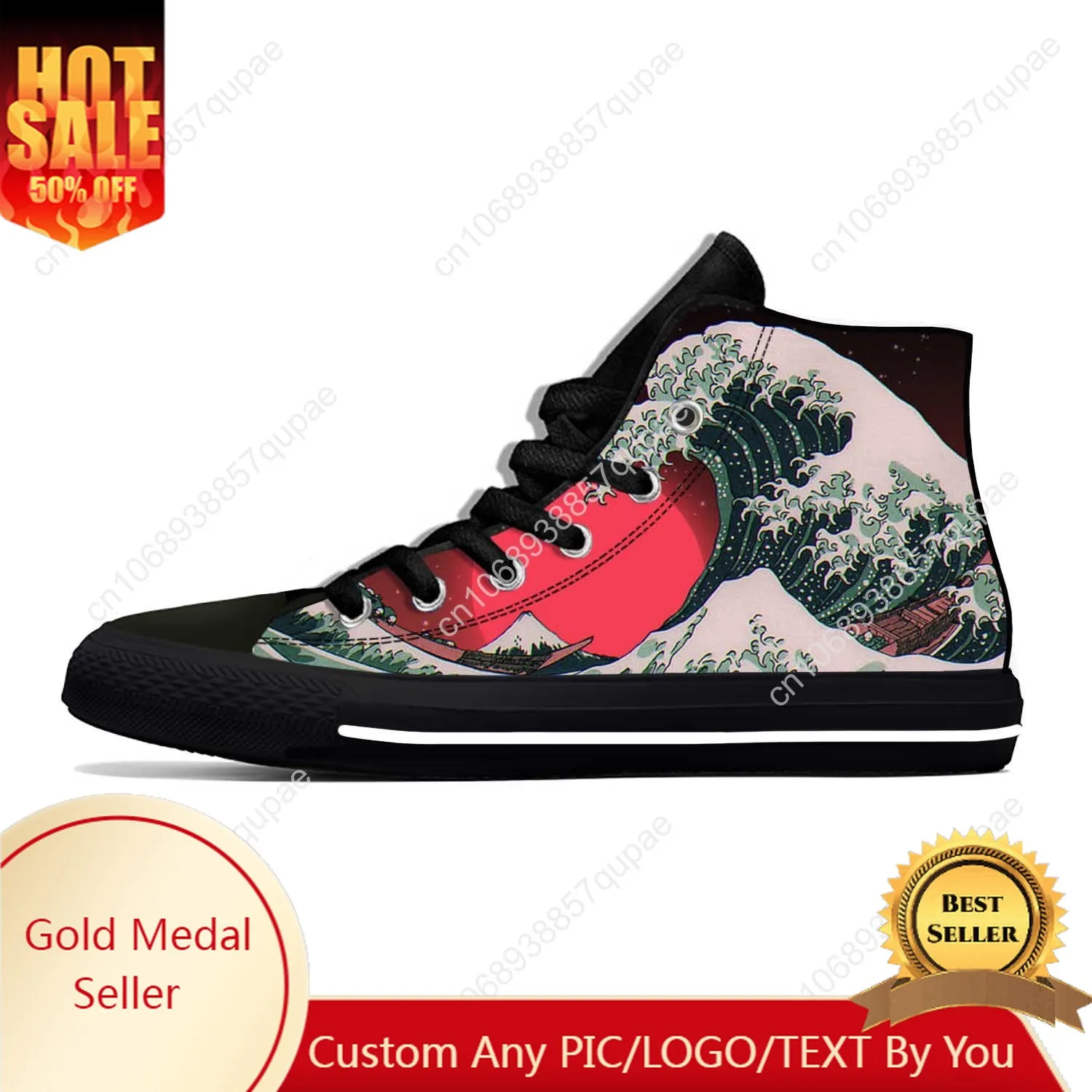 Japanese Anime Cartoon Great Wave Off Kanagawa Casual Cloth Shoes High Top Lightweight Breathable 3D Print Men Women Sneakers