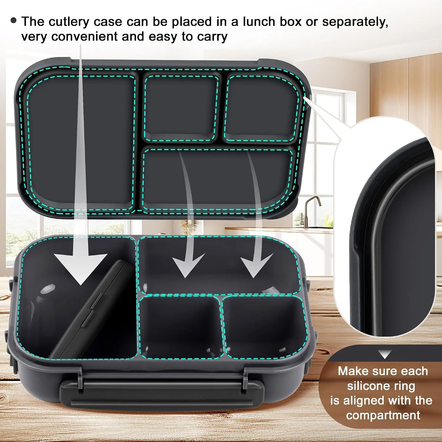 Kinder mit Fächern, Bento-Box Kinder, Brotdose Erwachsene, 1200ml Lunchbox mit 4 Fächern und Besteck, mikrowellen- und spülmaschinenfest, BPA-frei und wiederverwendbar (Dunkelgrau)