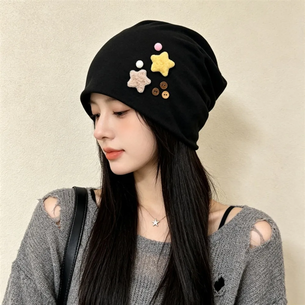 Durable Japanese Style Women's Beanie Windproof Skull Cap Warm Star Detail Pull-On Hat Outdoor