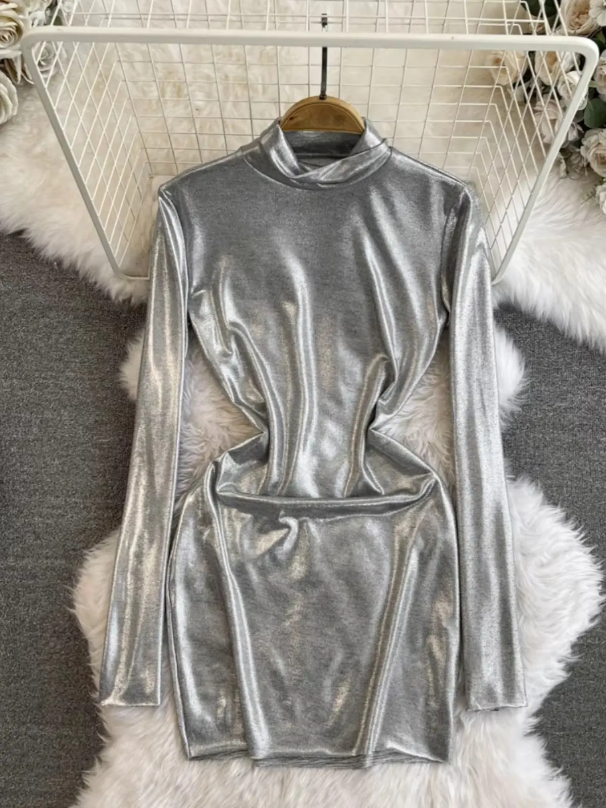 2025 Spring Summer New Silver Metallic Dress Women Cut Out Slim Mock Neck Long Sleeve Party Club Stage Edgy Mini Dress