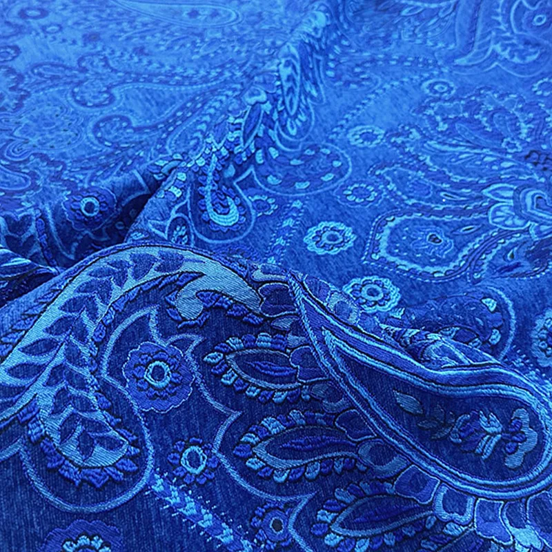 

Royal Blue Paisley Persian Style Yarn Dyed Chenille Jacquard Brocade Fabric Brushed Texture 30% Cotton For Curtains Upholstery