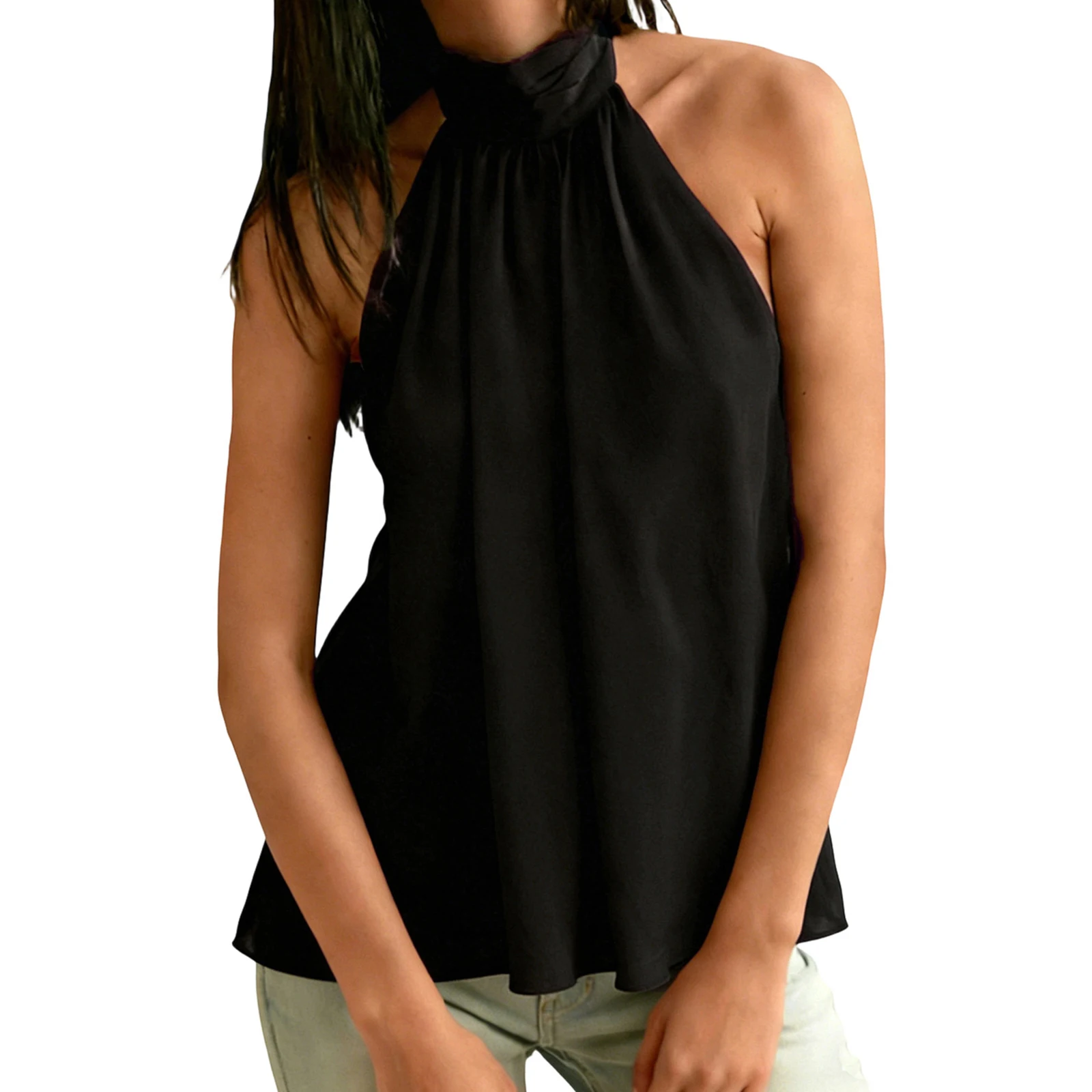 Women Chiffon Halter Tops Open Back Mock Neck Tank Tops Y2k Sleeveless Bubble Hem Going Out Crop Tops