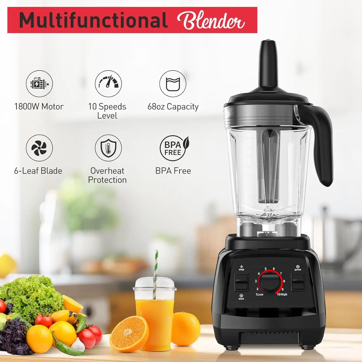 خلاط عصير، عصارة خلاط احترافية بقدرة 1800 وات لسطح المطبخ مع 10 سرعات، كسارة ثلج خالية من مادة BPA سعة 68 أونصة أو عصير